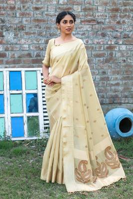 CREAM YELLOW MOST GORGEOUS LINNEN TISSUE SAREE 3