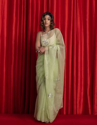   Green Handcrafted Gota Patti Organza Saree 4