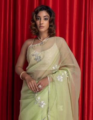   Green Handcrafted Gota Patti Organza Saree 5