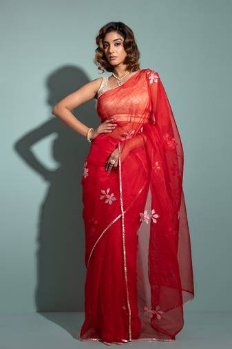 Geroo Jaipur Red Handcrafted Gota Patti Organza Saree