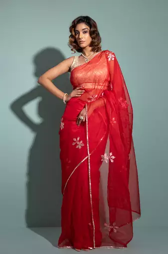 Geroo Jaipur Red Handcrafted Gota Patti Organza Saree