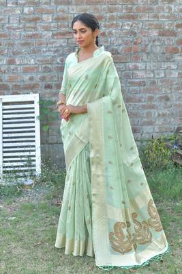 CYAN MOST GORGEOUS LINNEN TISSUE SAREE 1
