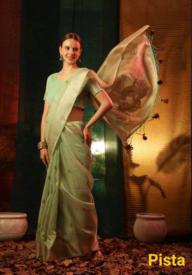 PISTA GREEN MOST GORGEOUS LINNEN TISSUE SAREE 1