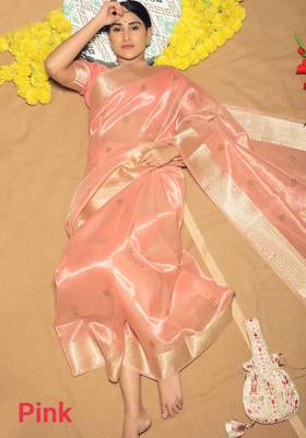 PINK MOST GORGEOUS LINNEN TISSUE SAREE 3
