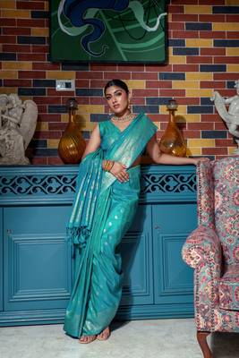CYAN MOST GORGEOUS TUSSAR SILK BANARASI SAREE 2