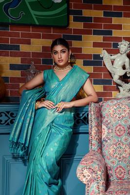 CYAN MOST GORGEOUS TUSSAR SILK BANARASI SAREE 3
