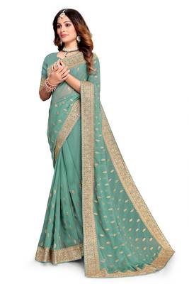 Dusty aqua heavy zari embroidery stone work georgette party wear with blouse 1