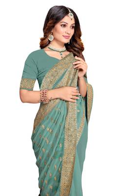 Dusty aqua heavy zari embroidery stone work georgette party wear with blouse 2