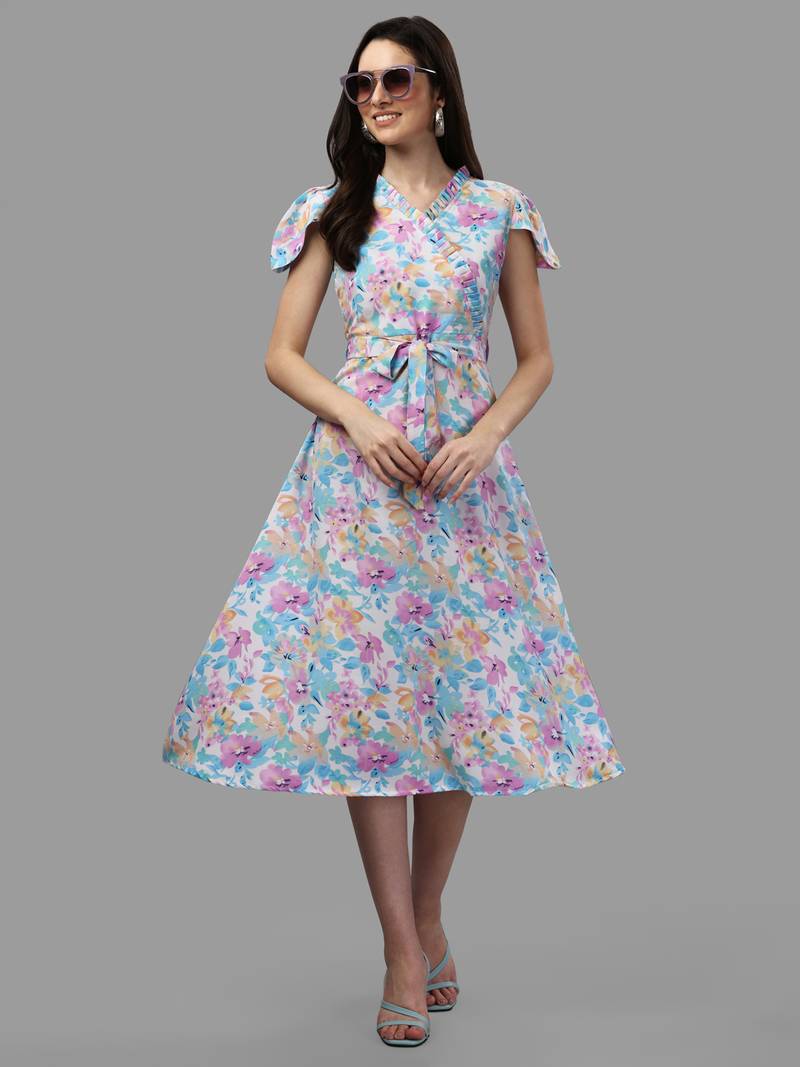 Women blue floral a-line midi dress