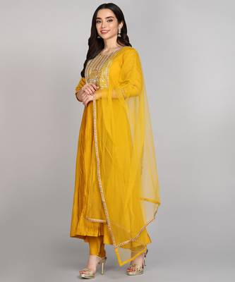 Mustard Yellow Sequence Embroidered Pure chanderi Silk Flare Kurta With Pant & Dupatta Set 2
