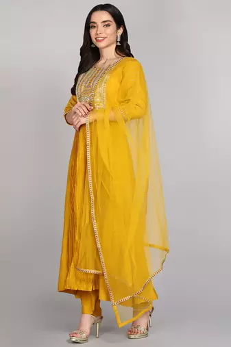 Mustard Yellow Sequence Embroidered Pure chanderi Silk Flare Kurta With Pant & Dupatta Set