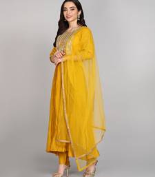 Mustard Yellow Sequence Embroidered Pure chanderi Silk Flare Kurta With Pant & Dupatta Set