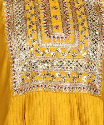 Mustard Yellow Sequence Embroidered Pure chanderi Silk Flare Kurta With Pant & Dupatta Set 3