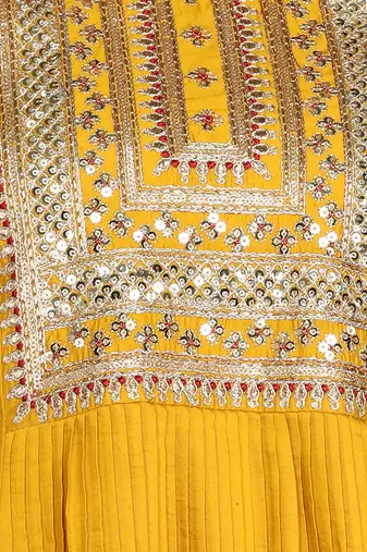 Mustard Yellow Sequence Embroidered Pure chanderi Silk Flare Kurta With Pant & Dupatta Set