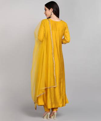 Mustard Yellow Sequence Embroidered Pure chanderi Silk Flare Kurta With Pant & Dupatta Set 4