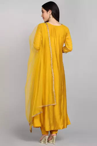 Mustard Yellow Sequence Embroidered Pure chanderi Silk Flare Kurta With Pant & Dupatta Set