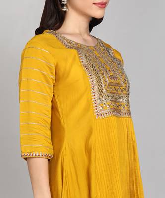 Mustard Yellow Sequence Embroidered Pure chanderi Silk Flare Kurta With Pant & Dupatta Set 5