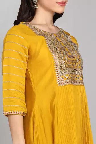 Mustard Yellow Sequence Embroidered Pure chanderi Silk Flare Kurta With Pant & Dupatta Set