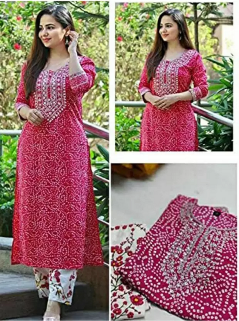 pink Polka Printed Kurti with Pant for Women