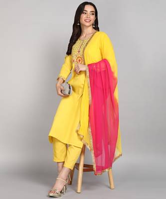 Yellow Cotton Fabric Round Neck Embroidered Kurta With Trousers & Dupatta Set 1