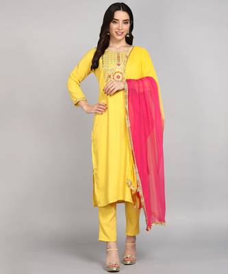 Yellow Cotton Fabric Round Neck Embroidered Kurta With Trousers & Dupatta Set 2
