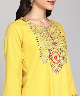 Yellow Cotton Fabric Round Neck Embroidered Kurta With Trousers & Dupatta Set 3