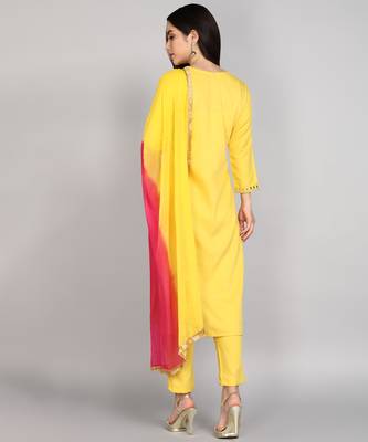 Yellow Cotton Fabric Round Neck Embroidered Kurta With Trousers & Dupatta Set 4