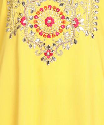 Yellow Cotton Fabric Round Neck Embroidered Kurta With Trousers & Dupatta Set 5