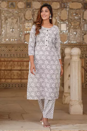women white floral straight kurta pant set