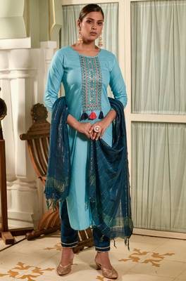 Aqua blue Sequence Embroidered Kurta Pant and Dupatta Set 1