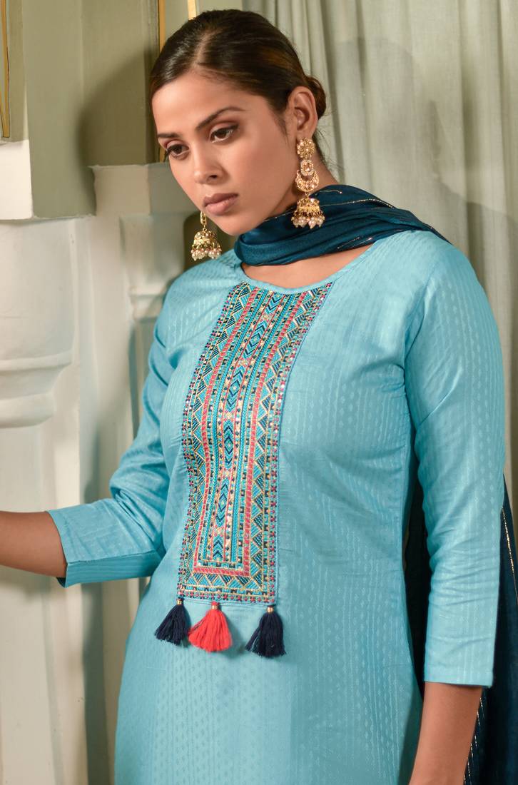 Aqua blue Sequence Embroidered Kurta Pant and Dupatta Set