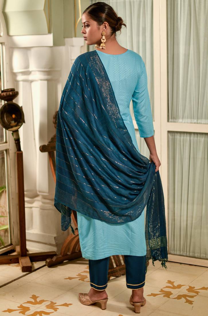 Aqua blue Sequence Embroidered Kurta Pant and Dupatta Set