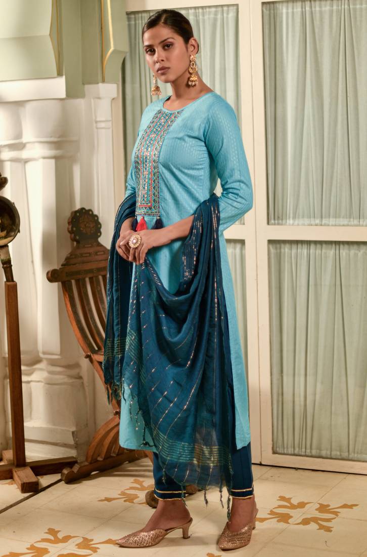 Aqua blue Sequence Embroidered Kurta Pant and Dupatta Set
