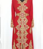 Red luxurious full sleeve embroidered Moroccan Kaftan With Sun-proof hijab.
