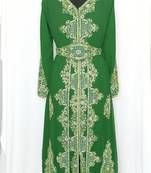 Dark Green luxurious full sleeve embroidered Moroccan Kaftan With Sun-proof hijab.