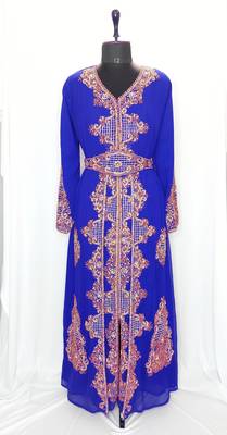 Royal blue full sleeve embroidered Moroccan Kaftan With Sun-proof hijab 1