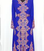 Royal blue luxurious full sleeve embroidered Moroccan Kaftan With Sun-proof hijab.