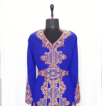 Royal blue full sleeve embroidered Moroccan Kaftan With Sun-proof hijab 2
