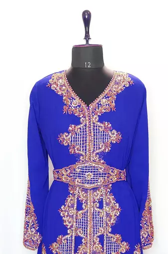 Royal blue full sleeve embroidered Moroccan Kaftan With Sun-proof hijab