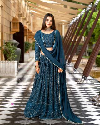 Trendmalls Morpeach Georgette Sequence Embroidered Wedding, Party Wear Semi-stitched Latest Lehenga Choli With Dupatta 1