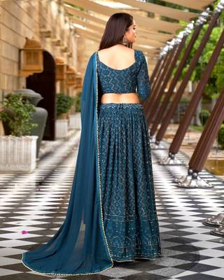 Trendmalls Morpeach Georgette Sequence Embroidered Wedding, Party Wear Semi-stitched Latest Lehenga Choli With Dupatta 2