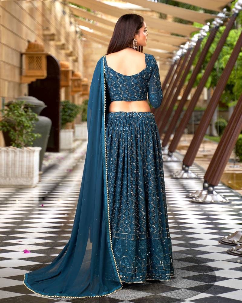 Trendmalls Morpeach Georgette Sequence Embroidered Wedding, Party Wear Semi-stitched Latest Lehenga Choli With Dupatta