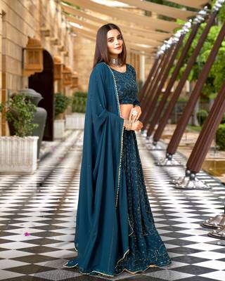 Trendmalls Morpeach Georgette Sequence Embroidered Wedding, Party Wear Semi-stitched Latest Lehenga Choli With Dupatta 3