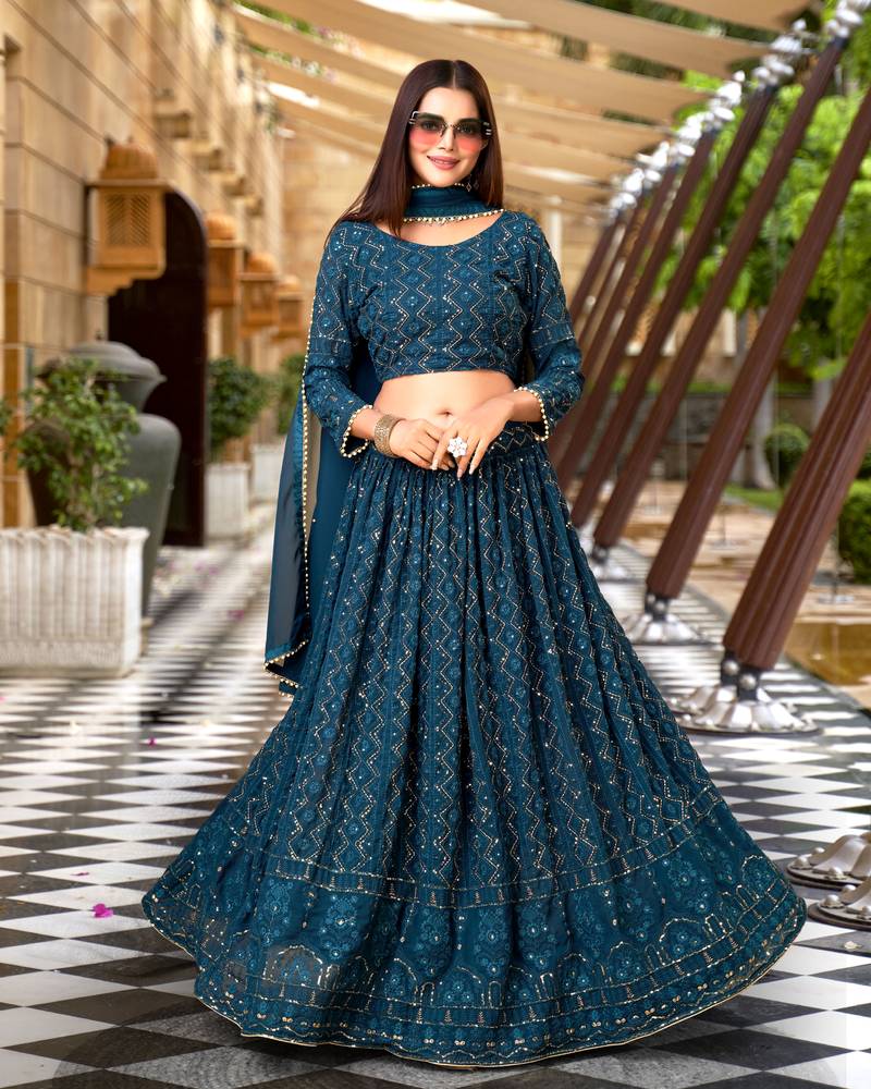 Trendmalls Morpeach Georgette Sequence Embroidered Wedding, Party Wear Semi-stitched Latest Lehenga Choli With Dupatta