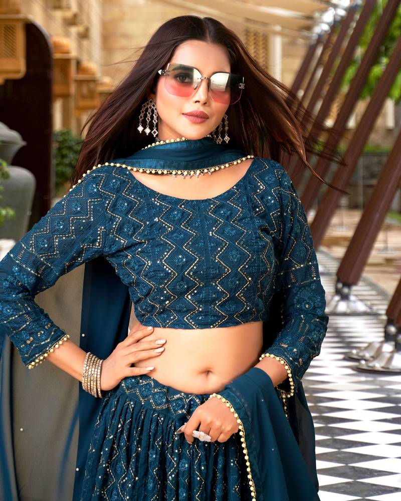 Trendmalls Morpeach Georgette Sequence Embroidered Wedding, Party Wear Semi-stitched Latest Lehenga Choli With Dupatta