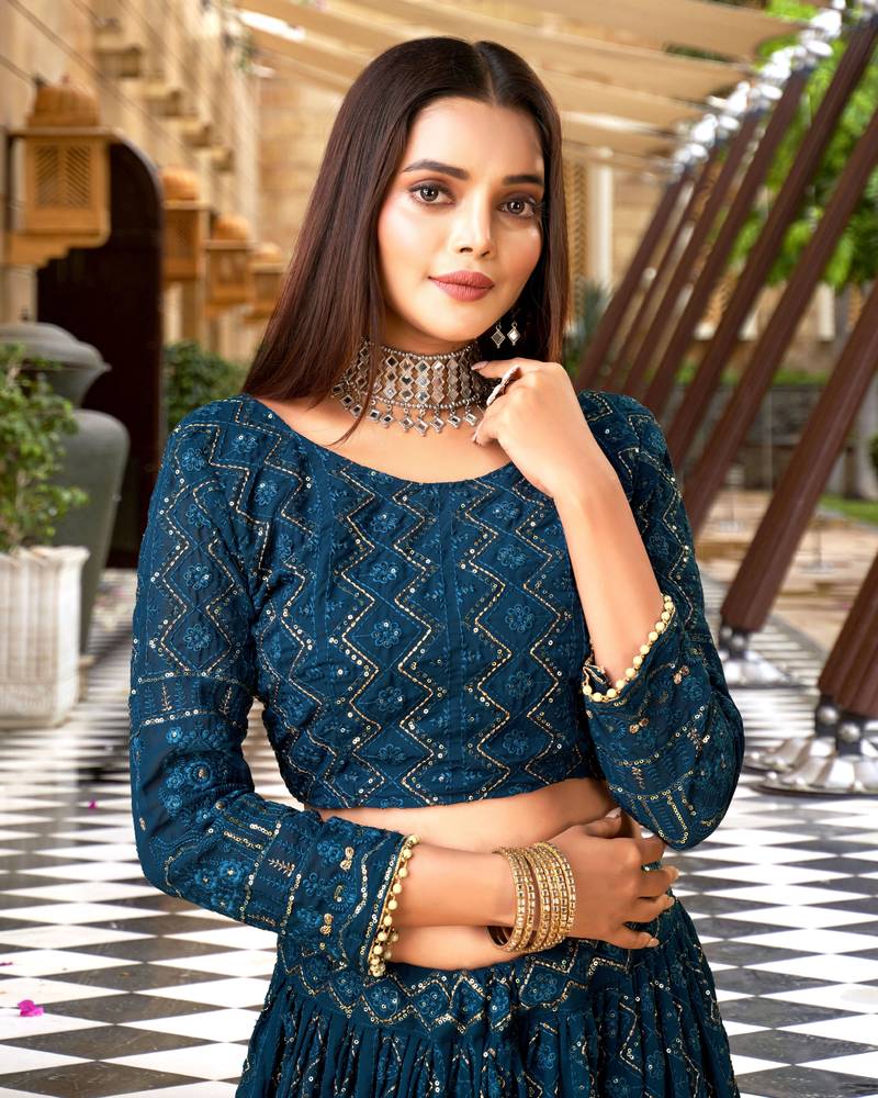 Trendmalls Morpeach Georgette Sequence Embroidered Wedding, Party Wear Semi-stitched Latest Lehenga Choli With Dupatta