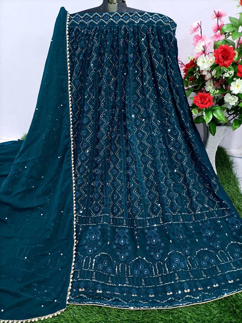 Trendmalls Morpeach Georgette Sequence Embroidered Wedding, Party Wear Semi-stitched Latest Lehenga Choli With Dupatta