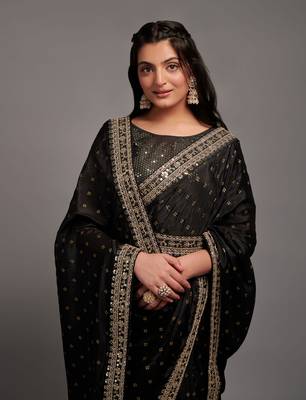 Black Color Bandhani Print Chinon Fabric Saree with Heavy Zari Embroidery Sequins Work Border Lace work With Waist Belt 1