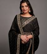 Black Color Bandhani Print Chinon Fabric Saree with Heavy Zari Embroidery Sequins Work Border Lace work With Waist Belt