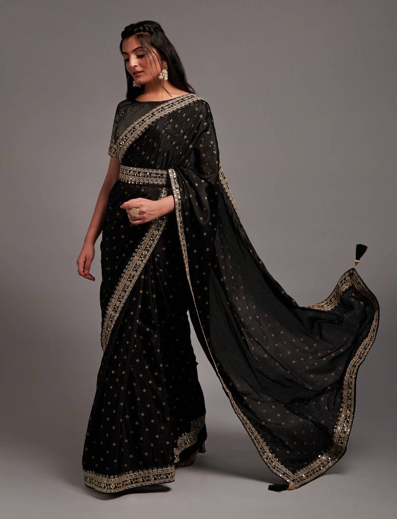Black Color Bandhani Print Chinon Fabric Saree with Heavy Zari Embroidery Sequins Work Border Lace work With Waist Belt
